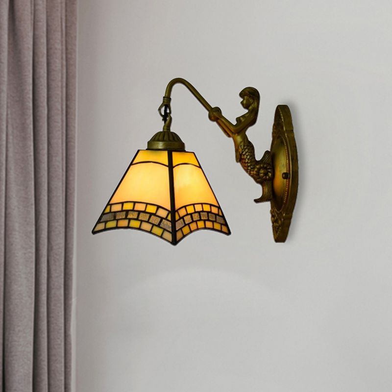 1 Head Wall Light Fixture Tiffany Trapezoid Blue Glass Sconce Lighting with Mermaid Backplate