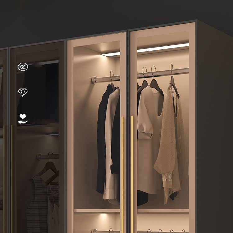 Glass and Wood Wardrobe Cabinet with Shelves Modern Wardrobe Closet