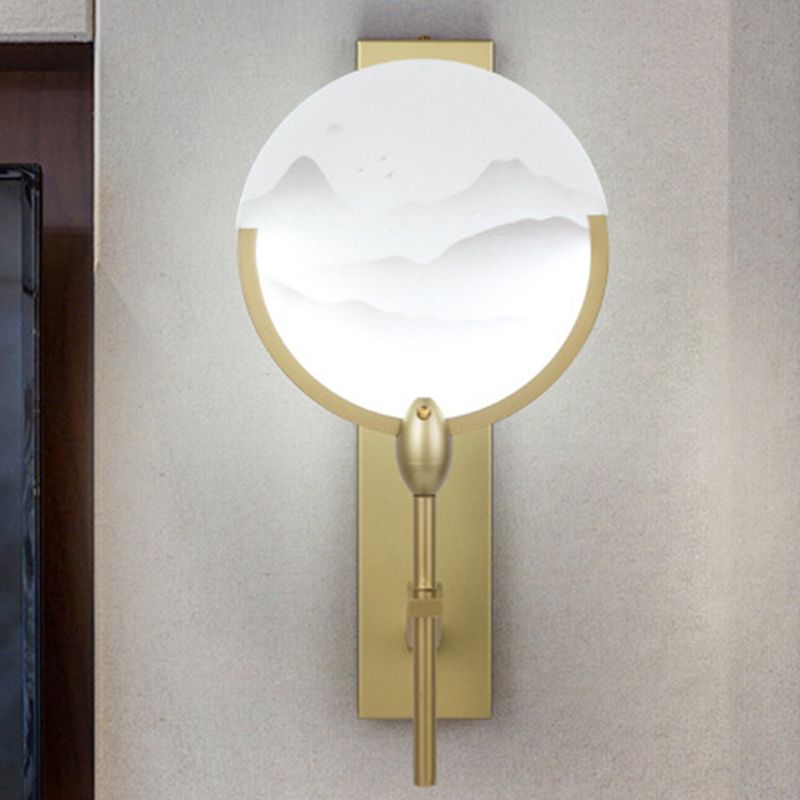 Chinese Round Fan Mural Light Acrylic Bedside LED Wall Mounted Light Fixture in Gold