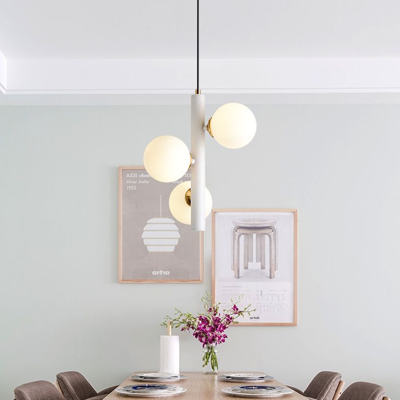 Modern Minimalist Linear Chandelier Light Fixture Spherical White Glass 3 Light Ceiling Chandelier