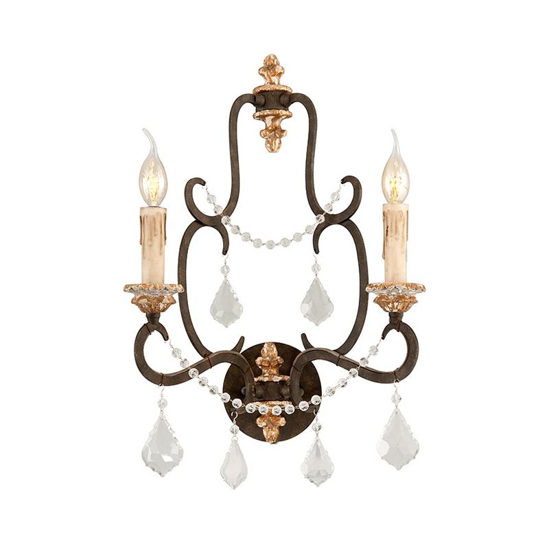 Black 2 Lights Sconce Light Rustic Metal Candle Mur Mury Lighting pour le salon avec décoration en cristal transparent