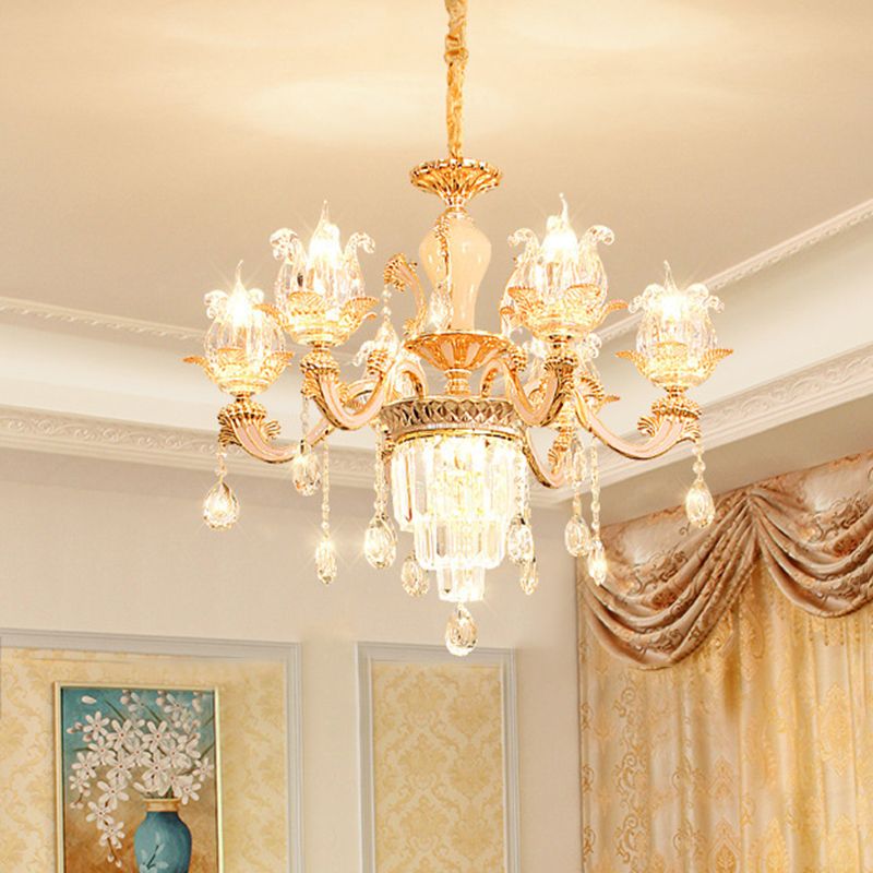Handgeblasenes Glasblumenaufhängung Licht Retro -Retro -Stil -Kronleuchter Licht mit abgestufter Kristalldekor in Gold
