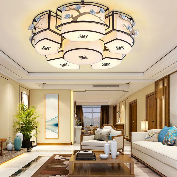 Fabric Circle Close to Ceiling Lighting Traditional Living Room Ceiling Flush Mount in Blue