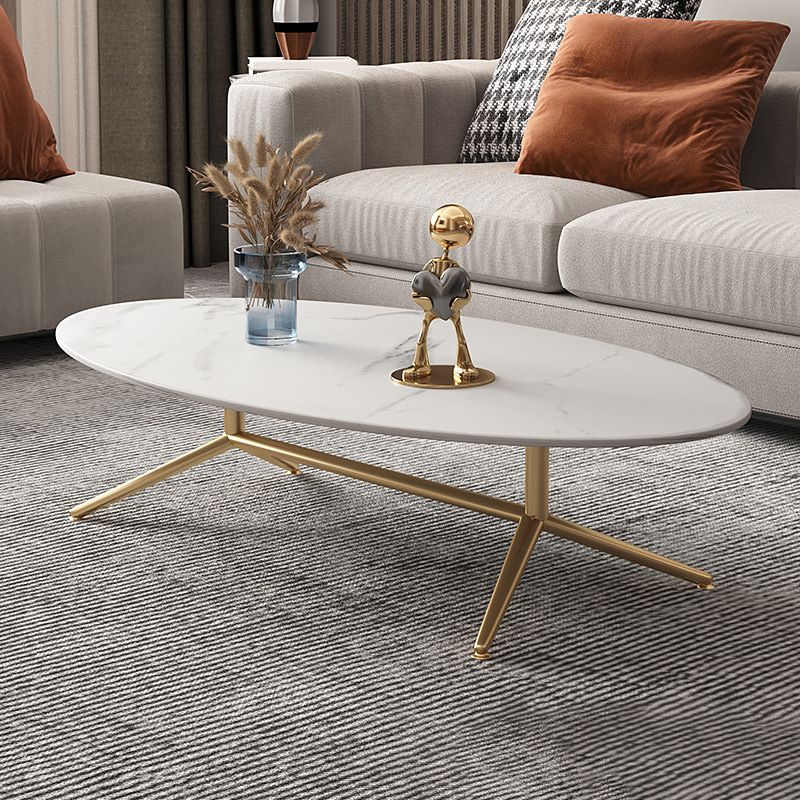 Glam Style Coffee Table with Oval Stone Top and Steel Trestle Base