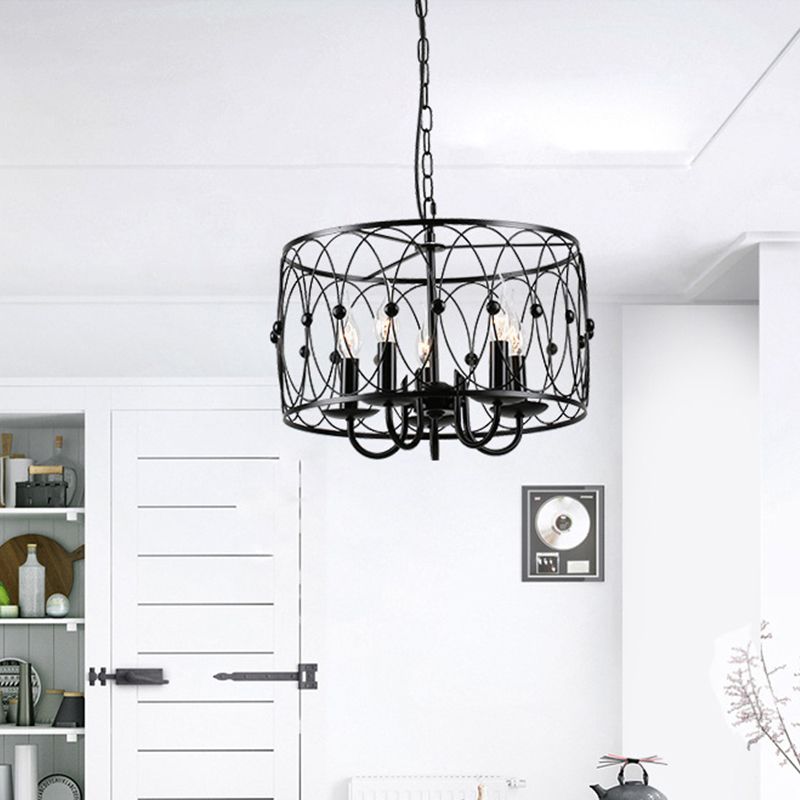 Black Drum Hanging Chandelier Rustic Style Metal 6 Heads Living Room Pendant Ceiling Light with Candle Design