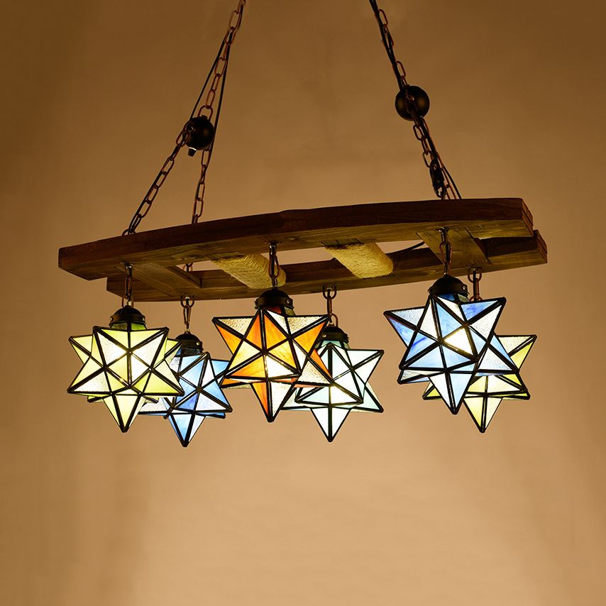 Multi -Color -Stern Kronleuchter Buntglas 6 Lichter rustikaler Dachboden anhängender Anhänger Licht in Rost für Bar