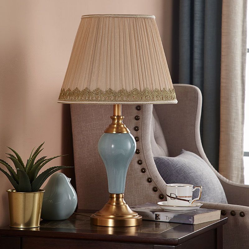 Ceramic Urn Table Lighting Vintage 1 Bulb Bedside Nightstand Light in Aqua/Beige/Silver Grey with Tapered Fabric Shade