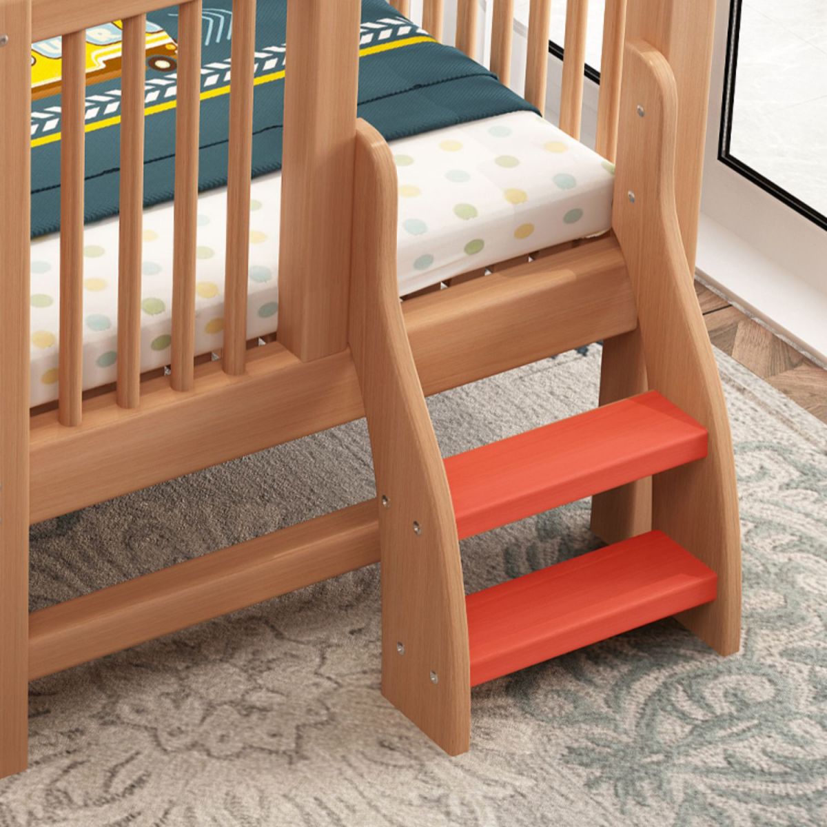 Glam Style Solid Wood Nursery Bed in Nature with Mattress and Guardrail