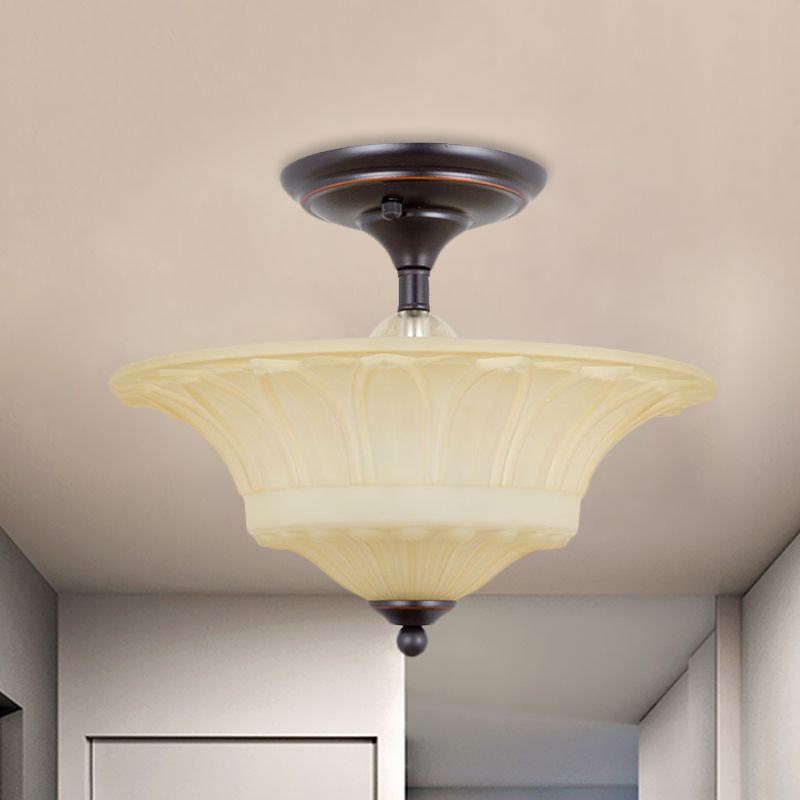Beige glazen kom spoeling licht vintage 3/4 hoofden woonkamer semi -spoelmontage verlichting in zwart, 14 "/16" w