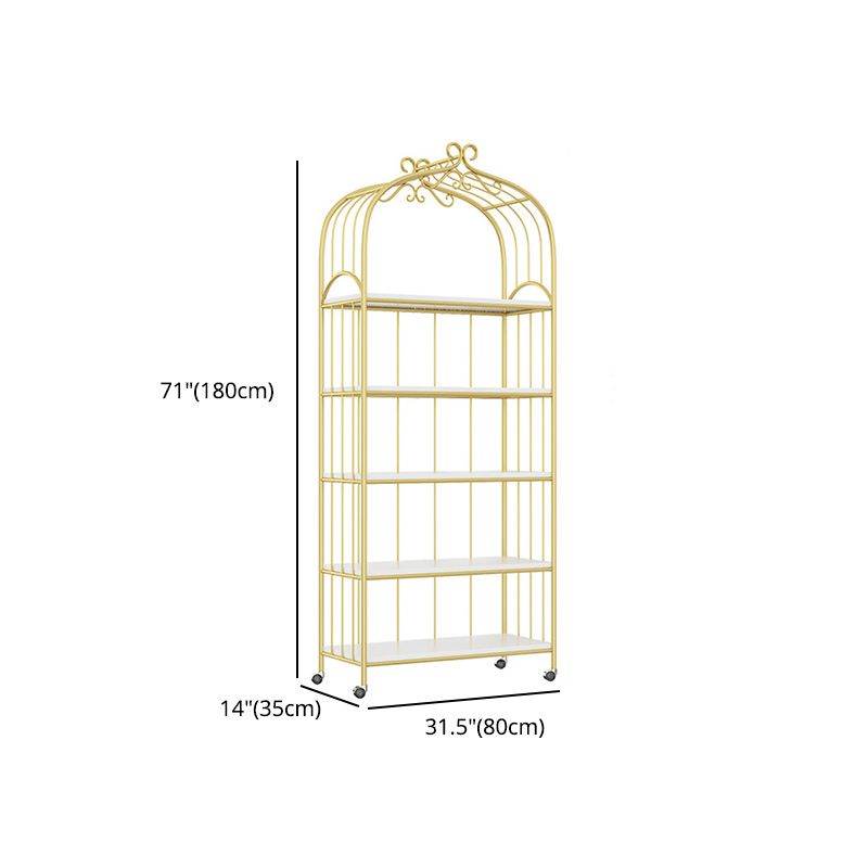 Gold Vertical Bookshelf Iron Frame Solid Wood Shelf Bookcase with Caster Wheels