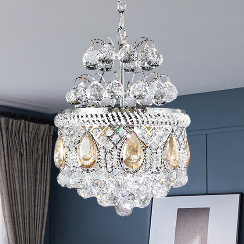 Clear Crystal Orbs Cascade Suspensie Hanger Contemporary 3 Bulbs Gang kroonluchter verlichting in zilver met druppel/bladontwerp