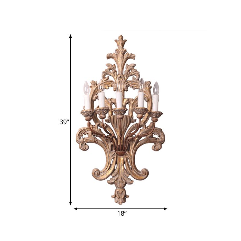 5 Lights Candle Sconce Light Vintage Wood Finish Metal Wall Mounted Light with Flower Grain Backplate
