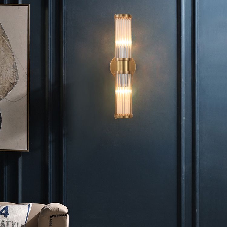 Gold Cylindrical Wall Sconce in Modern Luxury Style Copper Indoor Wall Light with Crystal Shade