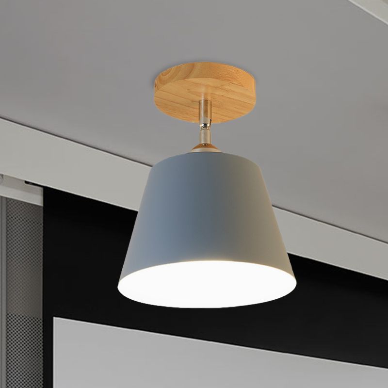 1 Light Tapered Semi Flush Pendant Light Modernism Gray/Pink Metal and Wood Adjustable Ceiling Light