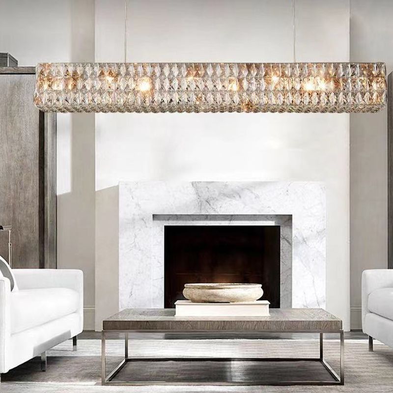 Wrought Iron LED Island Pendant Light in Modern Luxury Style Crystal Rectangular Ceiling Light for Dining Room