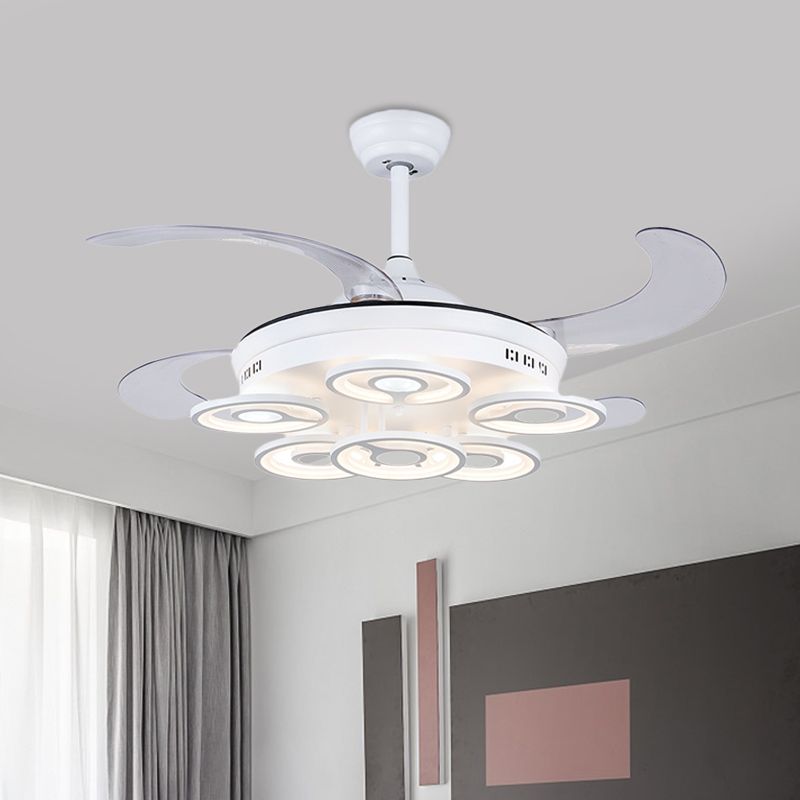 Cirkel acryl hanger ventilator lamp Noordse led slaapkamer semi -flush mount verlichting in wit met 4 heldere messen, 42 "breedte