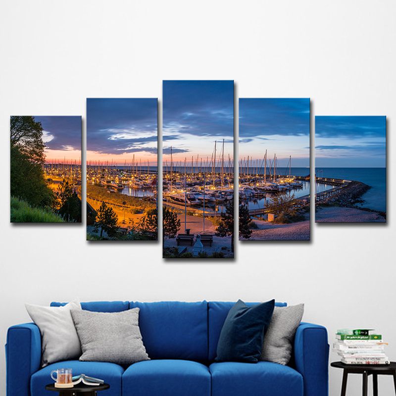 Coastal Yacht Nightfall Scene Art Print Blue Tropical Wall Decor for Living Room