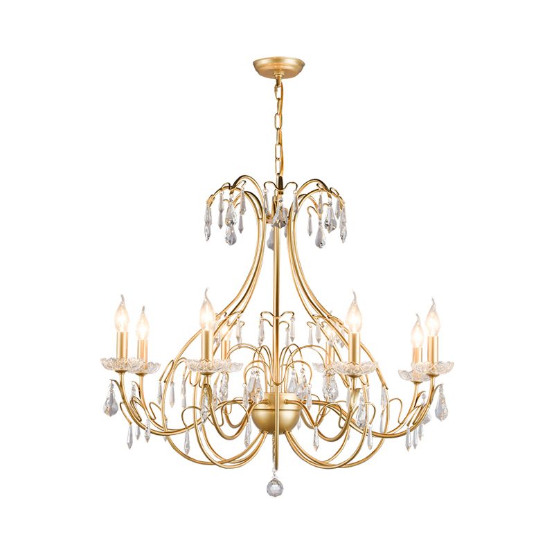 Messing Tränendrop Kronleuchter Lampe Land Metall 8 Glühbirnen Wohnzimmer Anhänger Light Kit mit baumelnden Kristall