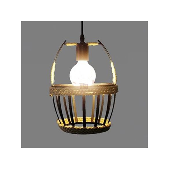 Metal Bucket Cage Hanging Ceiling Light Country 1 Light Restaurant Pendant Lighting with Rope Detail in Black