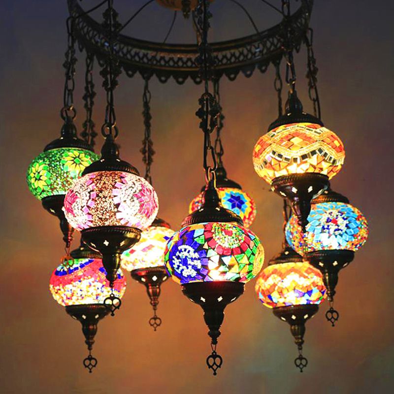 10-Light Oval Chandelier Lamp Bohemia Style Red/Yellow/Orange Stained Glass Down Lighting with Round Design