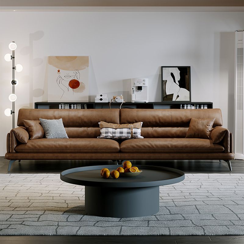 Pillow Top Arm Sofa in Brown Genuine Leather Sewn Pillow Back Sofa