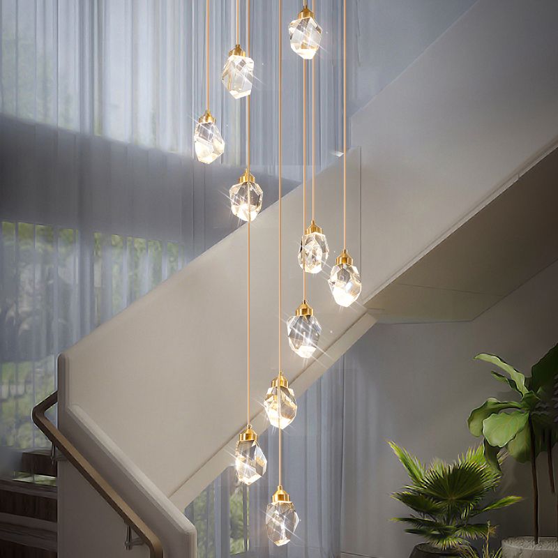 Crystal Gold Pendant Light Geometric Contemporary Ceiling Light for Stair Half