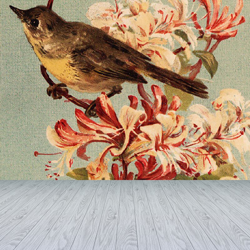 Brown Contemporary Mural Wallpaper Big Bird and Flower Branch Wall Art for Playroom