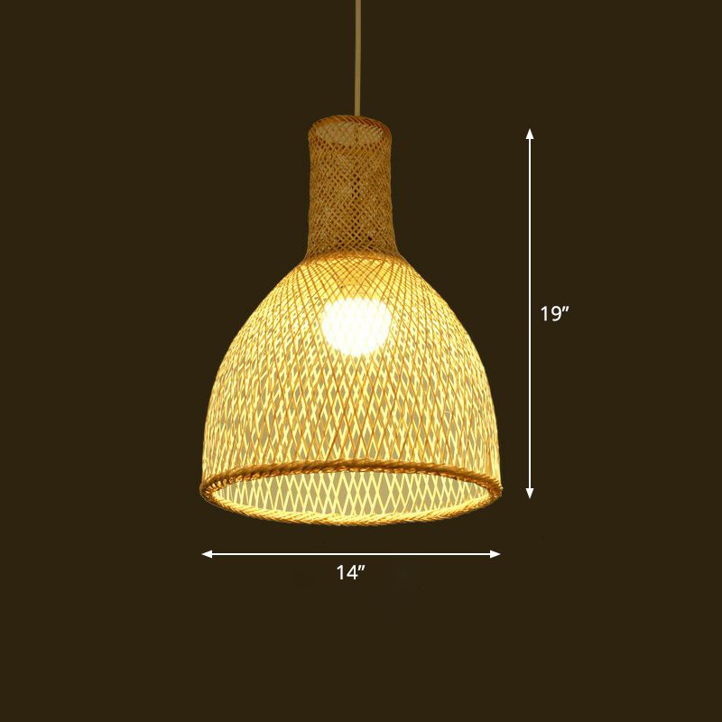 Woven Shade Suspension Light Minimalistic Bamboo 1-Head Beige Hanging Ceiling Light
