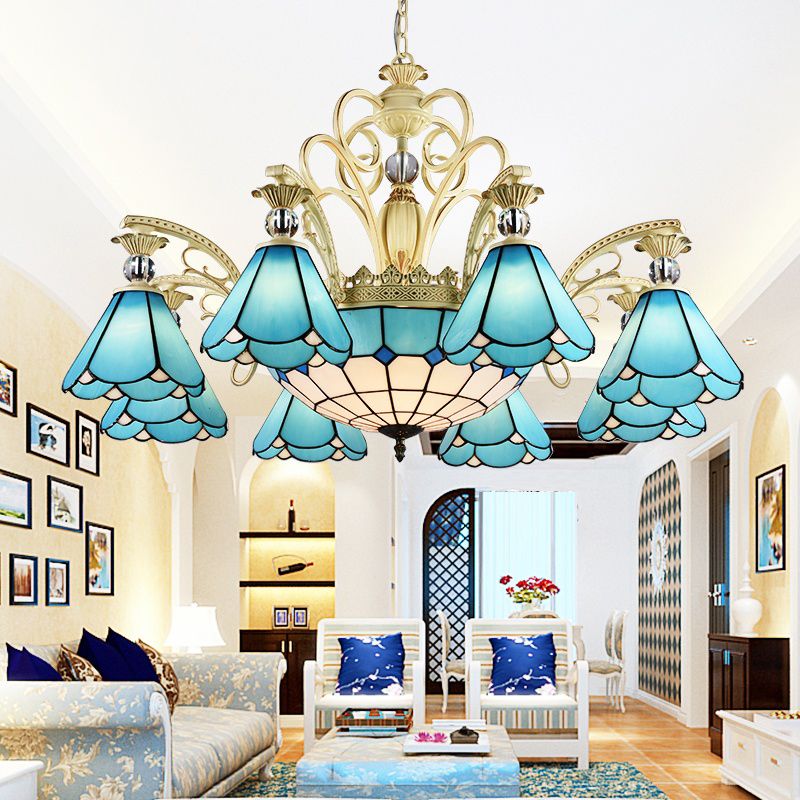 Blauw glas geschulpte kroonluchter mediterrane eetkamer plafond suspensielamp