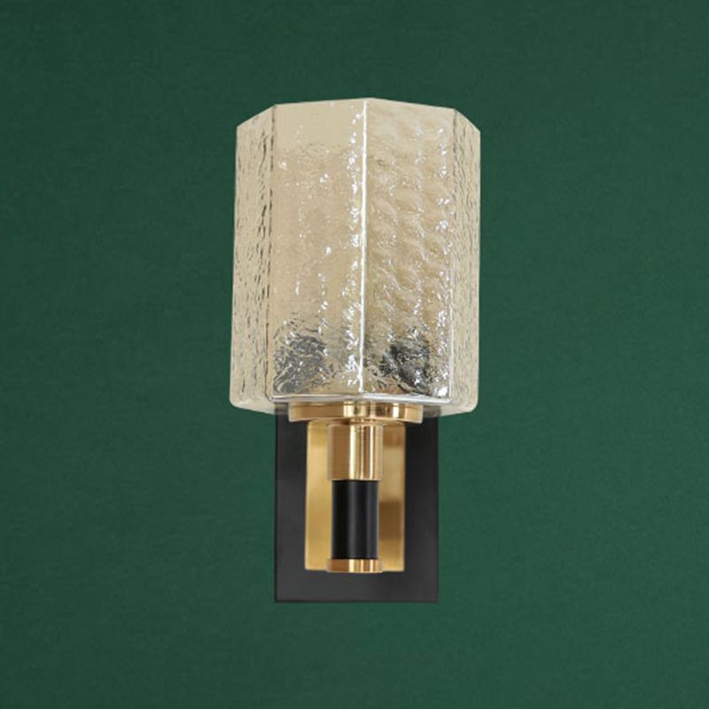 Black and Gold Wall Lamp in Modern Luxury Style Iron Inverted Wall Light with Ripple Glass Shade