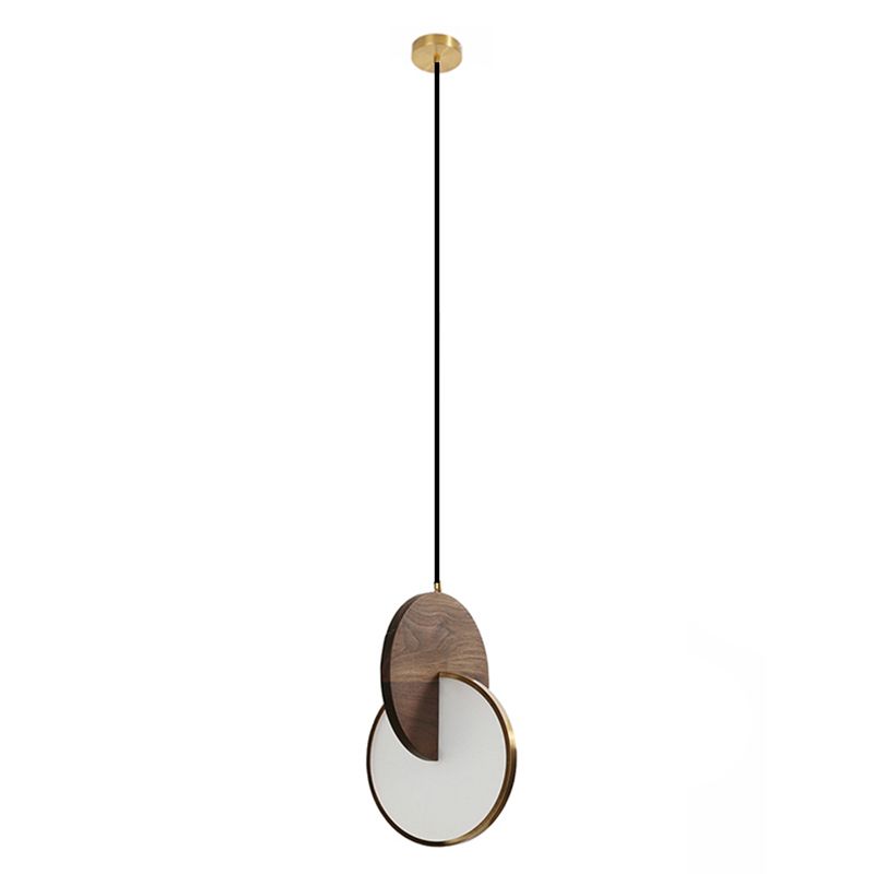 Dark Brown and Brass Disk Pendant Minimalist LED Wooden Suspension Light for Bedroom