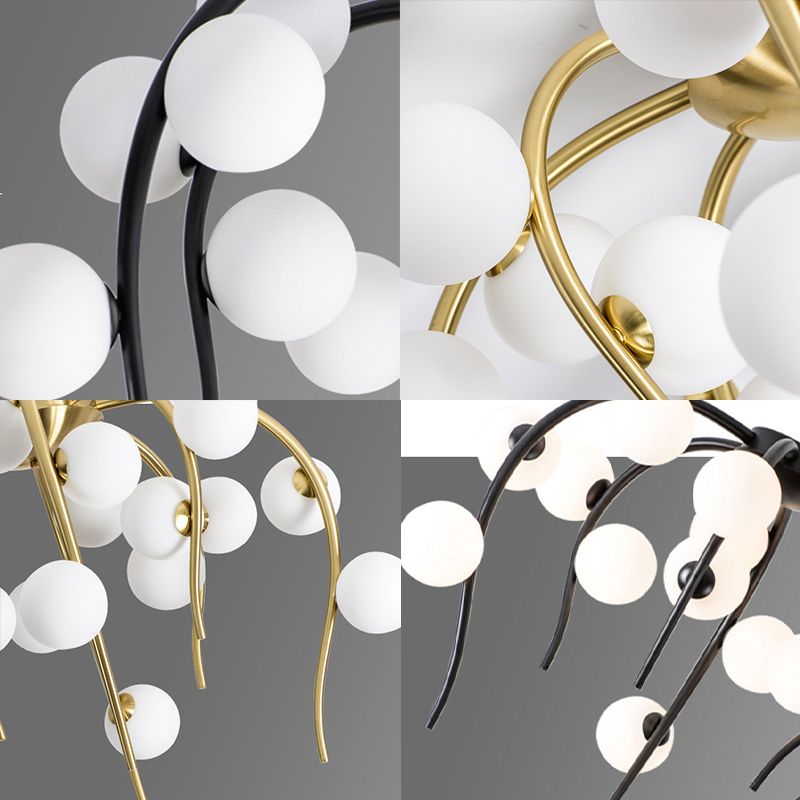 Branch Dining Room Chandelier Iron 15/20-Light Modern Hanging Lamp in Black/Gold with Matte White Balls