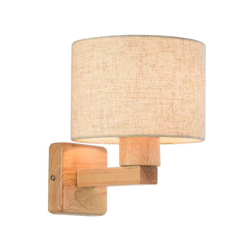 Drum Bedroom Wall Lamp Fixture Fabric 1-Light Asian Style Wall Mount Lighting with Wood Arm