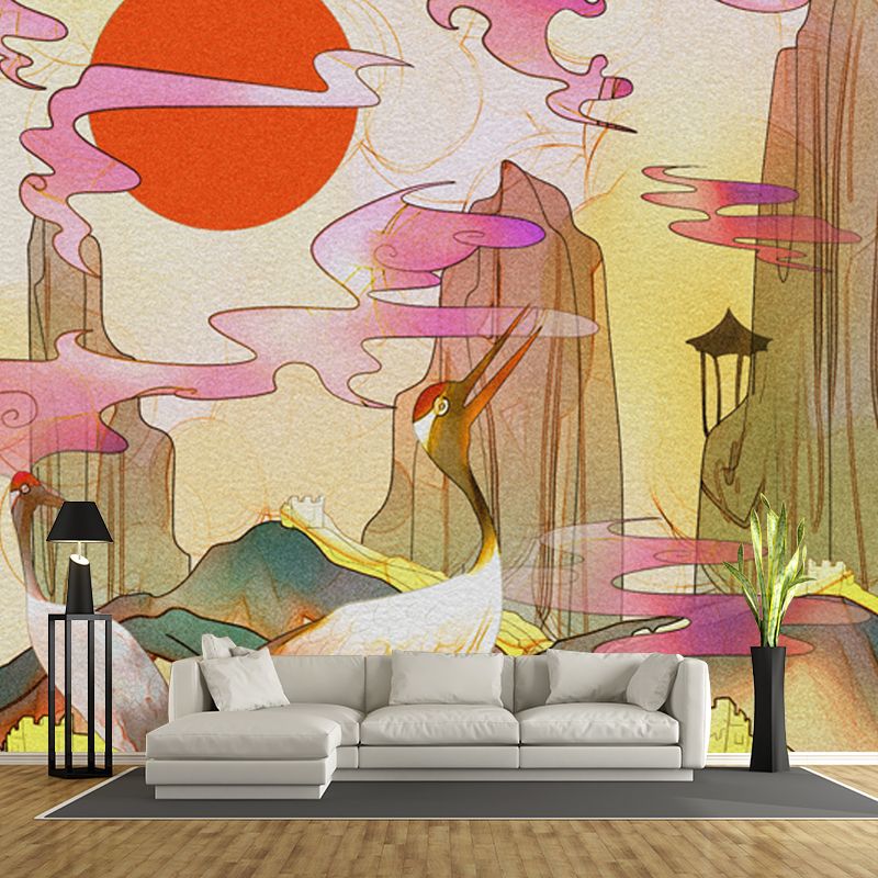 Crane and Mountain Scenery Mural Chinoiserie Non-Woven Material Wall Decor in Yellow