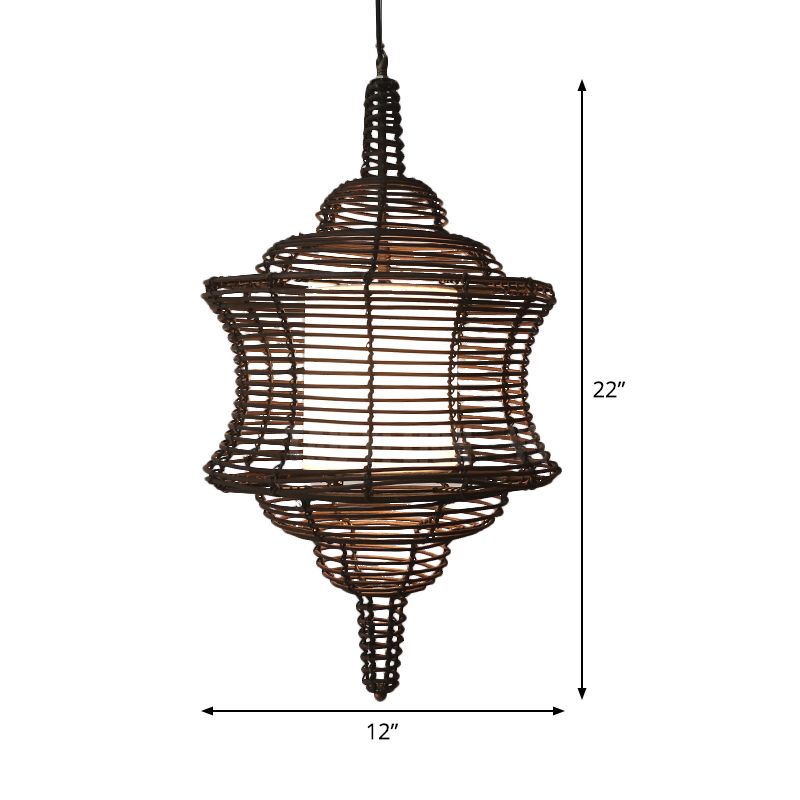 Curvy Ceiling Lamp Asia Rattan 1 Bulb Coffee Hanging Pendant Light with Inner White Tubular Shade
