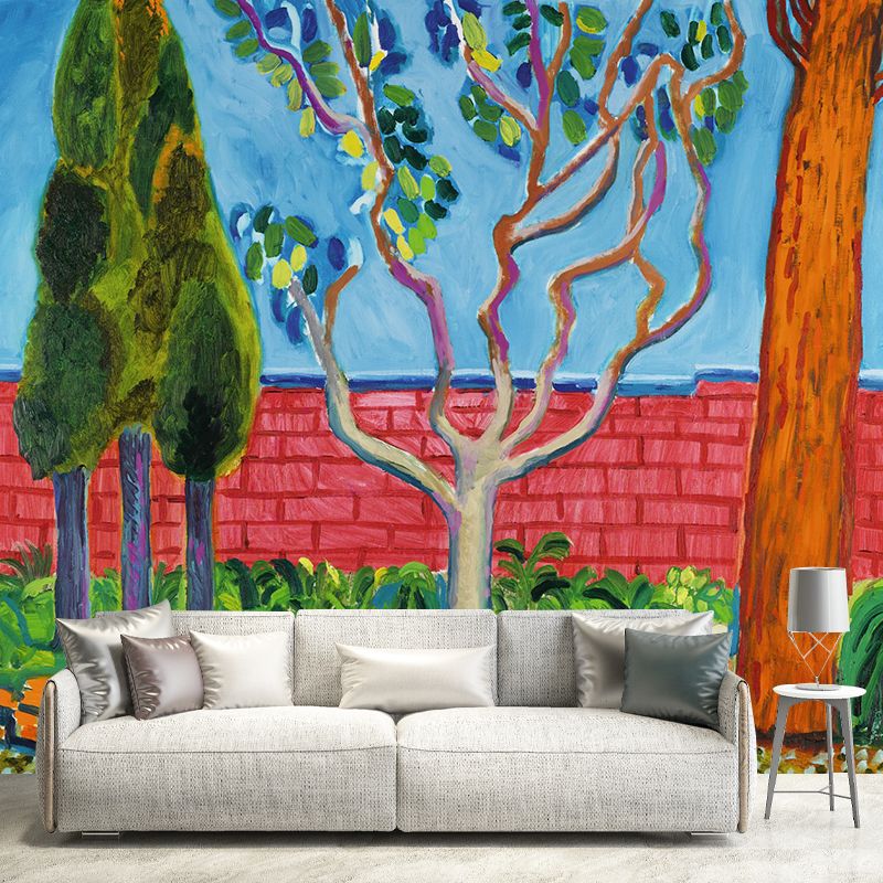 Tree and Brick Fence Mural Artistry Washable Living Room Wall Decoration, Optional Size