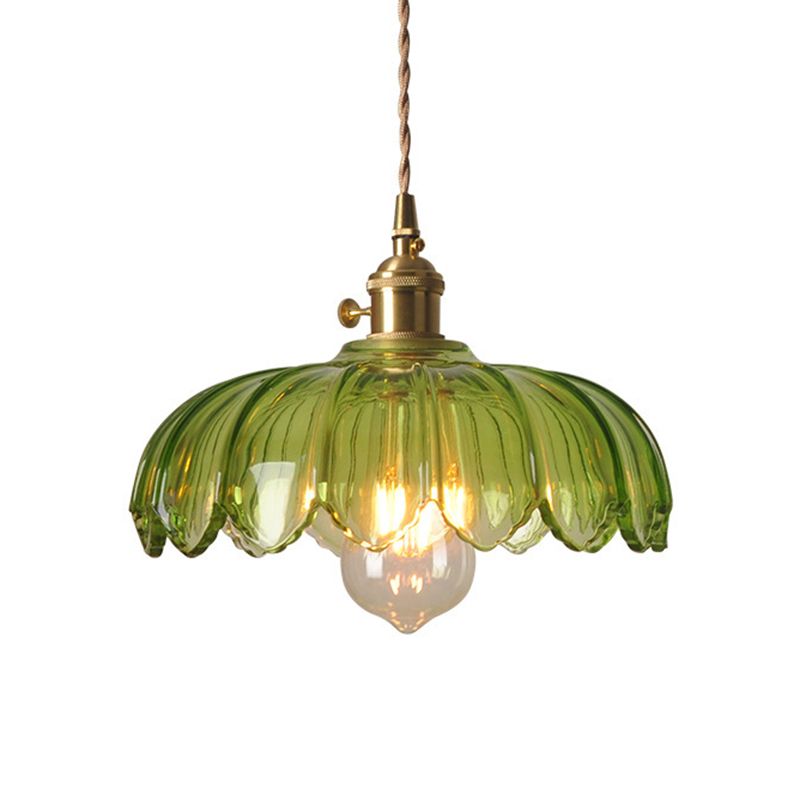 Green Glass Scalloped Shade Pendant Retro 1 Bulb Open Kitchen Hanging Ceiling Light in Brass