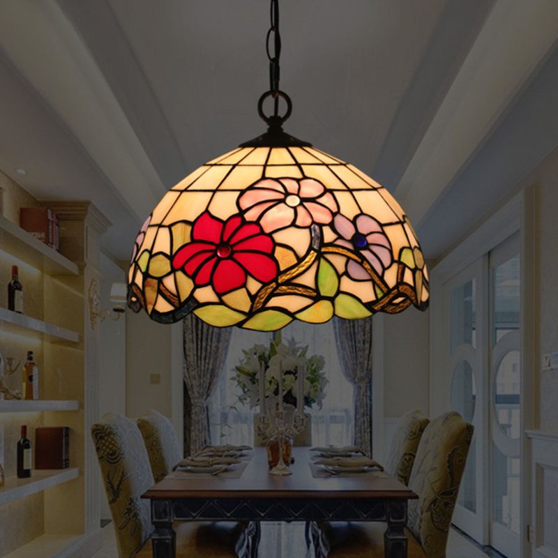 1-Bulb Dining Room Drop Lamp Tiffany Black Floral Patterned Pendant Light Kit with Dome Hand Cut Glass Shade