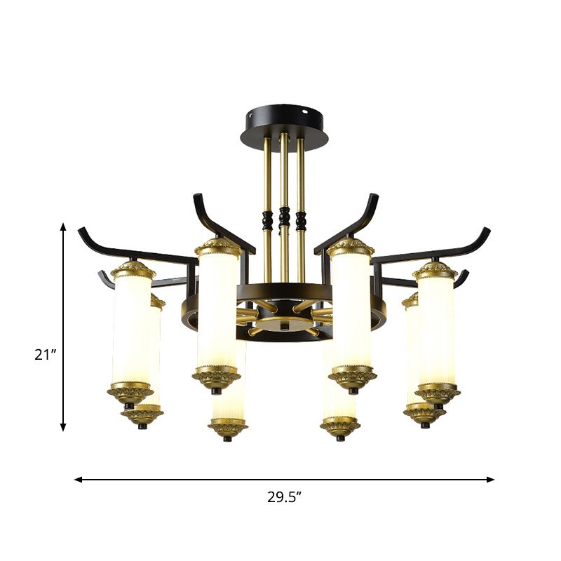 8/10 Bulbs Chandelier Lighting Fixture Countryside Column Frosted Glass Ceiling Lamp in Black-Gold