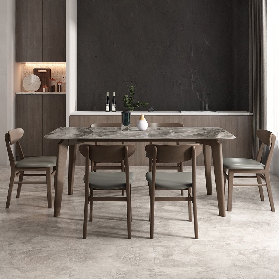Modern Style Sintered Stone Dining Table with Grey Table and 4 Solid Wood Legs Base for Home Use