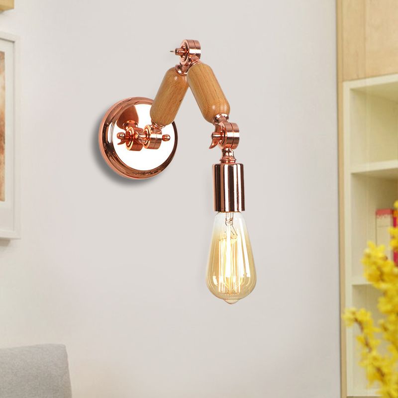 Iluminación de apliques armado de madera con bulbo desnudo de metal industrial 1 cabezal de la sala de estar luz de pared en oro rosa