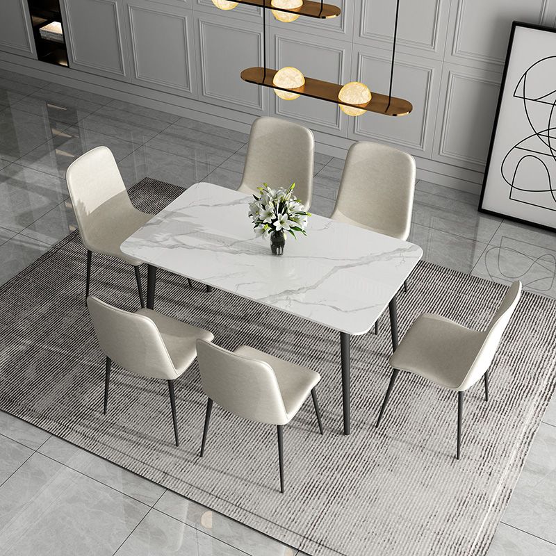 Mesa de comedor de cocina de piedra sinterizada simple Rectángulo de comedor blanco con 4 patas base