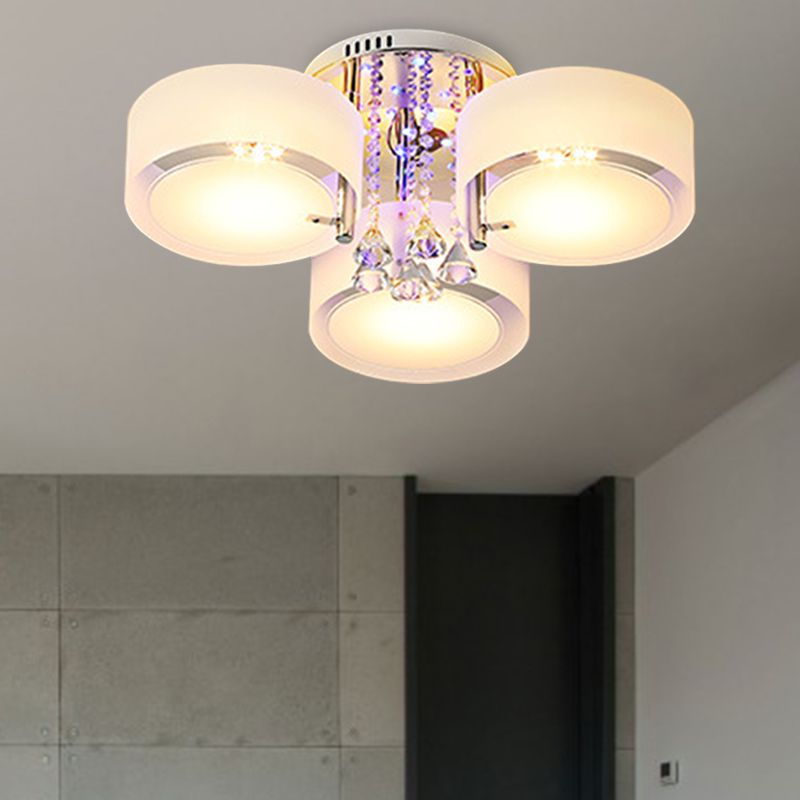 Drum Flush Mount Light Modern Frosted Glass 3/5/6 Heads White Ceiling Light with Crystal Drop