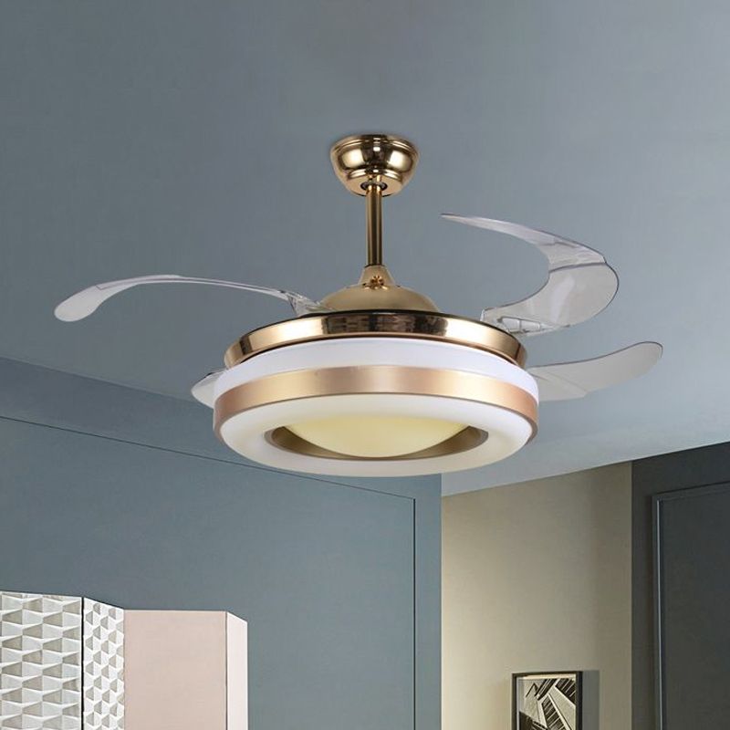 Lámpara de ventilador colgante de oro de 19 "de ancho Modernismo LED acrílico Semi-Flush Light, 4 cuchillas