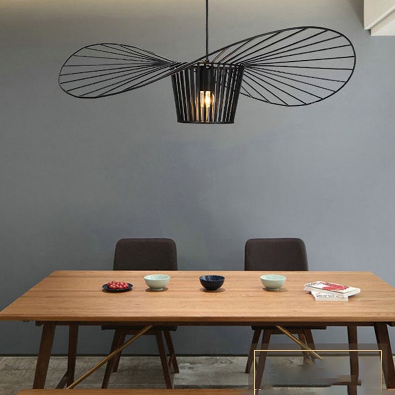 Contemporary Pendant Lights with Cage Shade, Industrail Metal 1-Light Straw Hat Pendant Light