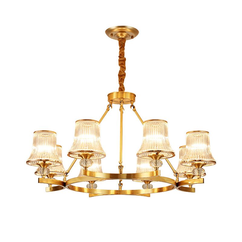Brass Flared Chandelier Vintage Clear Rib Glass Living Room Suspension Pendant Light