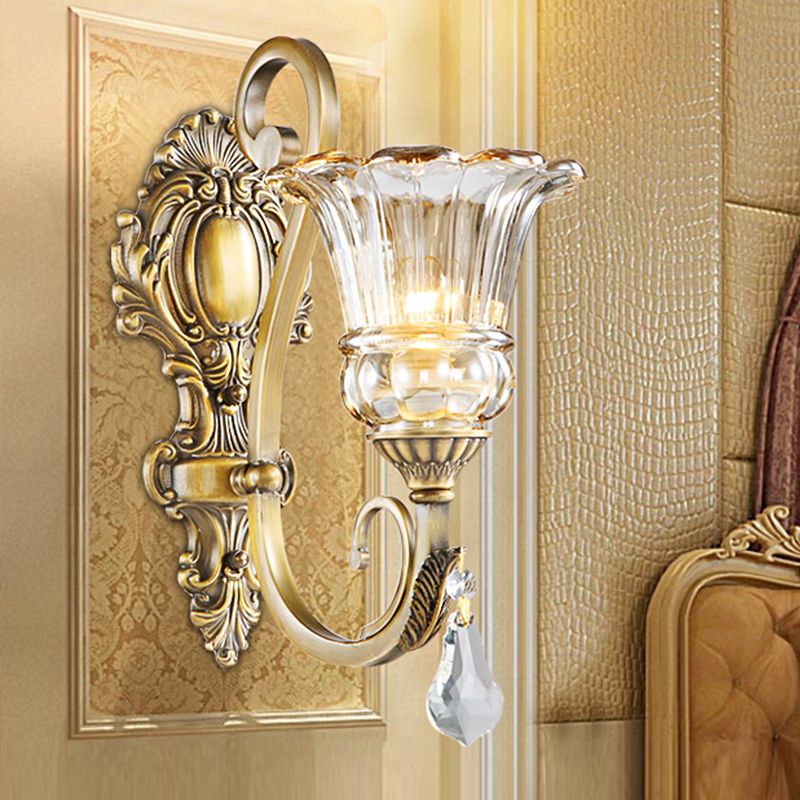 Flower Bedroom Wall Mount Light Clear Glass 1/2 Heads Contemporary Sconce Light in Brass with Crystal Drop