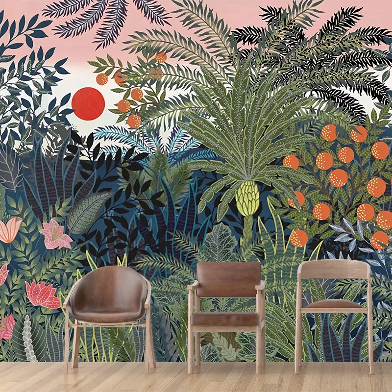 Whole Illustration Nordic Wall Mural for Bedroom Decor with Jungle and Sun Pattern in Green