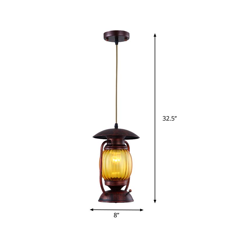 Copper 1-Light Ceiling Hang Lamp Farmhouse Amber Ribbed Glass Lantern Drop Pendant over Table