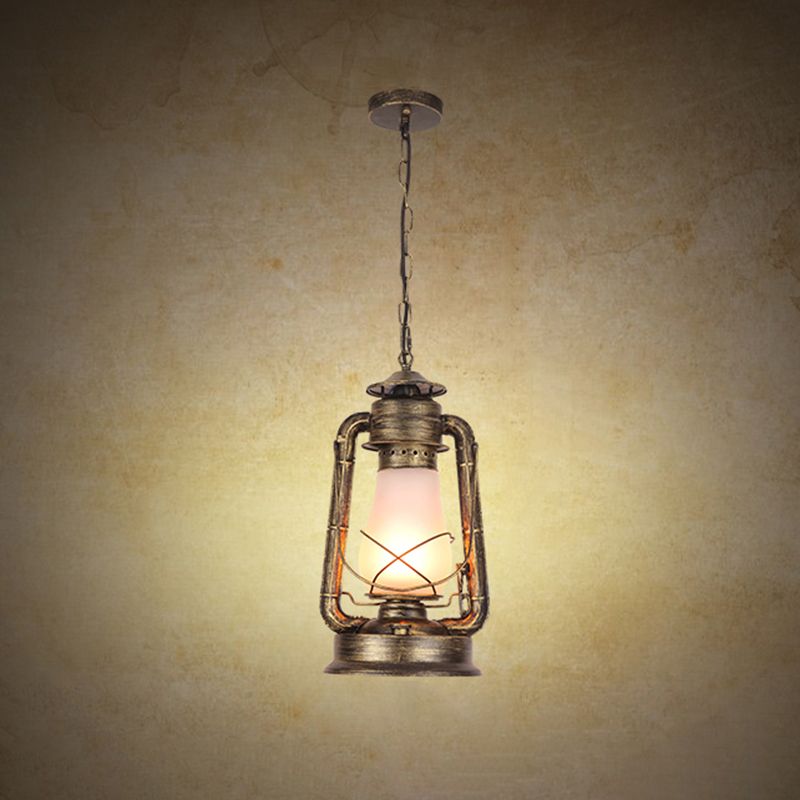 Frosted Glass Pendant Light Fixture Kerosene 1-Light Warehouse Ceiling Suspension Lamp for Restaurant